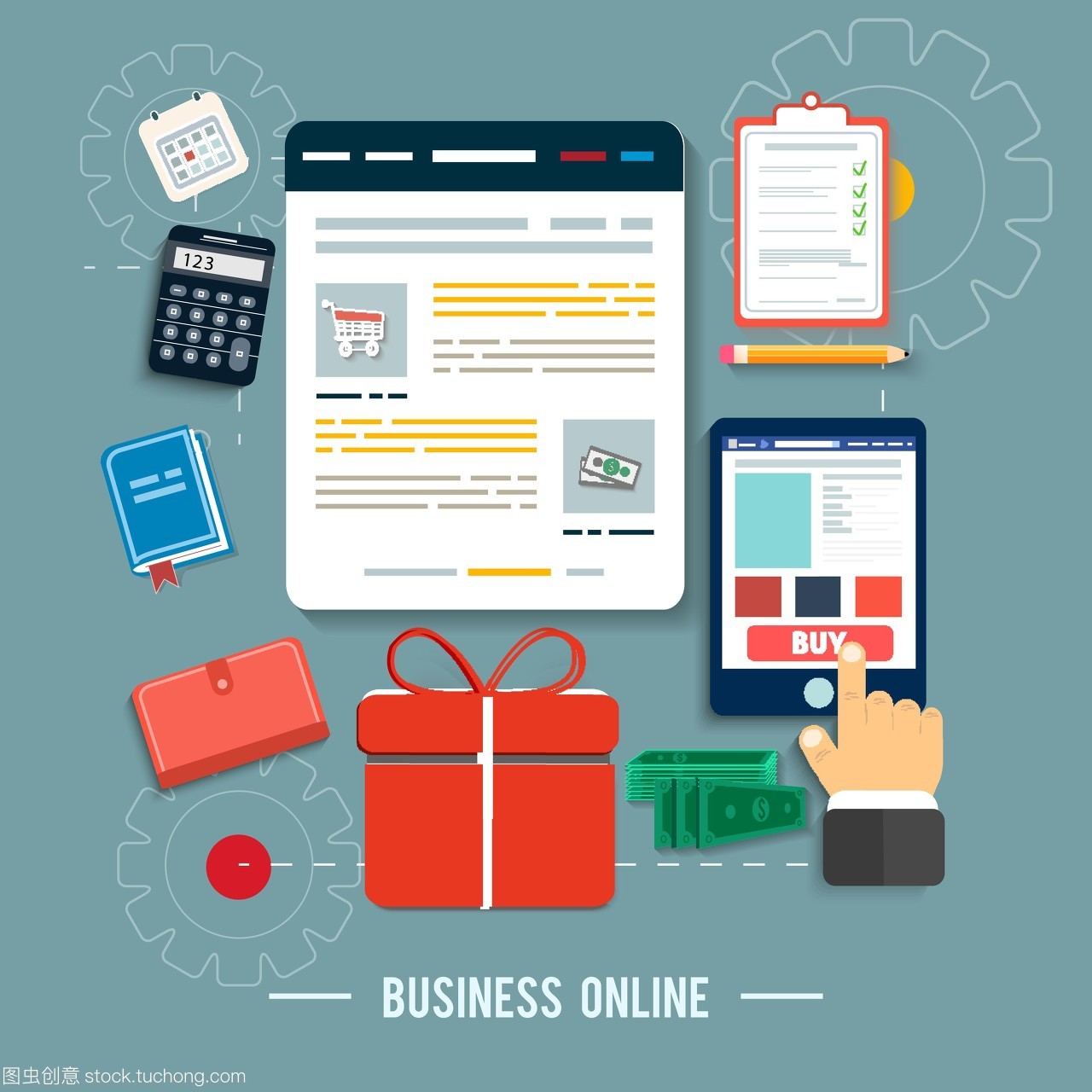 業(yè)務(wù)網(wǎng)絡(luò)圖標。在平面設(shè)計中通過網(wǎng)上商店和電子商務(wù)思想符號和購物元素購買產(chǎn)品圖標的海報概念